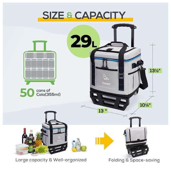 TOURIT Portable 50-Can Collapsible Rolling Soft Cooler with 29L Space & white - Picture 2 of 4